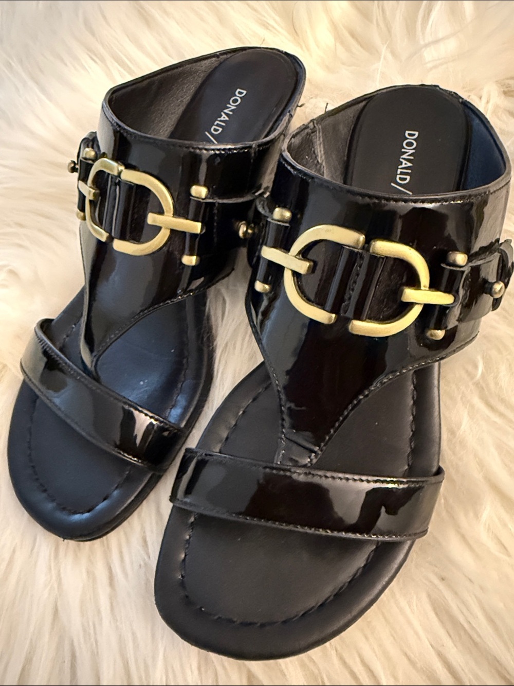 Donald J. Pliner Black Patent Slide Sandals with Gold Hardware🔥